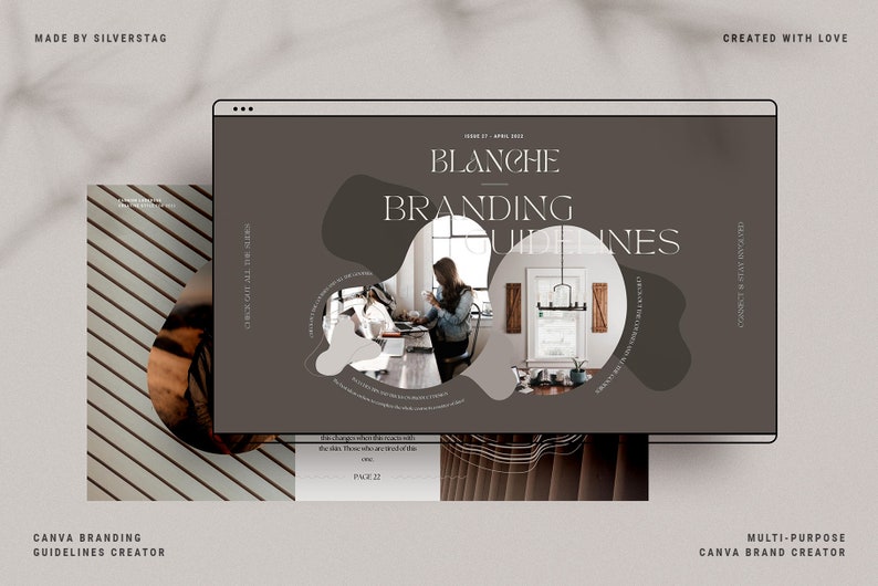 以下が含まれることがあります： 「Blanche Branding Guidelines」を表示するコンピューター画面のデジタルグラフィックデザイン。デザインには、作業中の人、窓、テキストの画像が含まれています。テキストには「Canva Branding Guidelines Creator」が含まれています。