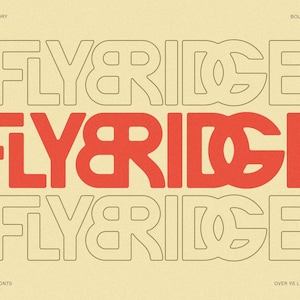 Puede incluir: Un diseño gráfico para la palabra "FLYBRIDGE" en una tipografía sans serif en negrita. La palabra se muestra en tres estilos diferentes: con contorno negro, relleno rojo y con contorno negro y relleno rojo.