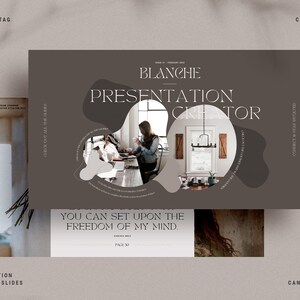 Op de afbeelding: Een presentatiesjabloon met een bruine achtergrond en een witte tekstoverlay. De tekst luidt "Blanche Presentation Creator" en "You can set upon the freedom of my mind." De sjabloon bevat een foto van een vrouw die aan een bureau werkt in een kamer met een raam en een lamp.