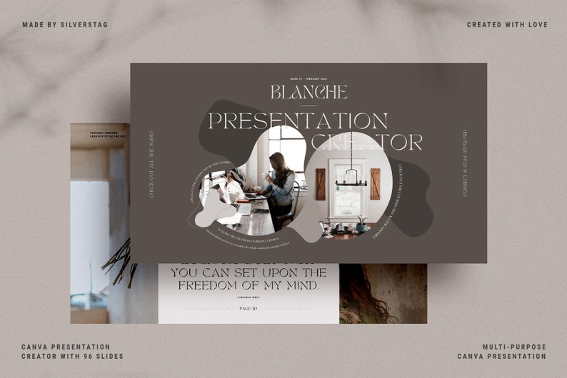 Op de afbeelding: Een presentatiesjabloon met een bruine achtergrond en een witte tekstoverlay. De tekst luidt "Blanche Presentation Creator" en "You can set upon the freedom of my mind." De sjabloon bevat een foto van een vrouw die aan een bureau werkt in een kamer met een raam en een lamp.