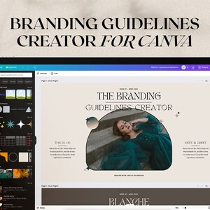 以下が含まれることがあります： Canvaのブランディングガイドラインクリエーターのインターフェースを表示するタブレット。画面には「The Branding Guidelines Creator」と「Blanche」というテキストが表示されたデザインレイアウトが表示されています。タブレットは明るい色の表面にあります。