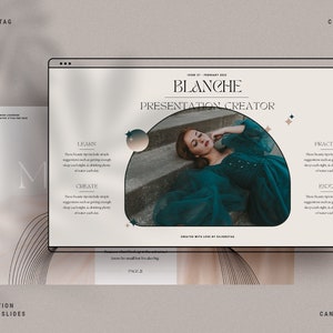 Op de afbeelding: Een Canva-presentatie sjabloon met een licht beige achtergrond en een foto van een vrouw in een turquoise jurk. De tekst "BLANCHE PRESENTATION CREATOR" staat in een zwart serif lettertype. Het sjabloon is verdeeld in vier secties: Leren, Cre&euml;ren, Oefenen en Genieten. Elke sectie bevat een beschrijving van de functies van het sjabloon.