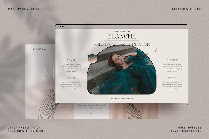 Op de afbeelding: Een Canva-presentatie sjabloon met een licht beige achtergrond en een foto van een vrouw in een turquoise jurk. De tekst "BLANCHE PRESENTATION CREATOR" staat in een zwart serif lettertype. Het sjabloon is verdeeld in vier secties: Leren, Cre&euml;ren, Oefenen en Genieten. Elke sectie bevat een beschrijving van de functies van het sjabloon.