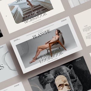 Op de afbeelding: Een verzameling van zes verschillende marketingmaterialen voor een modemerk genaamd Blanche. De materialen omvatten een cursuswerkboek, een modelookbook, een presentatiemaker en een pagina over het tot leven brengen van idee&euml;n. Alle materialen zijn ontworpen in een minimalistische stijl met een focus op typografie en beeldmateriaal.