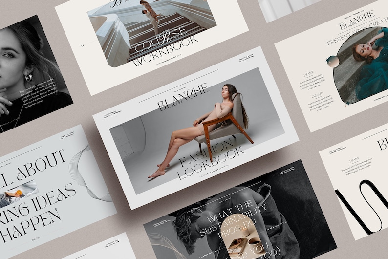 Op de afbeelding: Een verzameling van zes verschillende marketingmaterialen voor een modemerk genaamd Blanche. De materialen omvatten een cursuswerkboek, een modelookbook, een presentatiemaker en een pagina over het tot leven brengen van idee&euml;n. Alle materialen zijn ontworpen in een minimalistische stijl met een focus op typografie en beeldmateriaal.