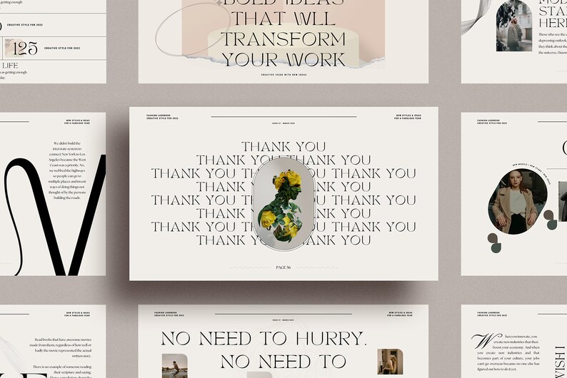 Op de afbeelding: Een collage van afbeeldingen met tekstoverlays. De tekst omvat "Bold Ideas That Will Transform Your Work", "Thank You", "No Need To Hurry. No Need To" en "Modern Style Here".