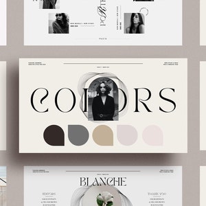 以下が含まれることがあります： 「COLORS」の文字が大きくエレガントなフォントで表示されたデザインレイアウトのコレクション。女性の写真、カラーサンプル、「SOPHIE」や「BLANCHE」などのテキストがレイアウトされています。全体的な美学はミニマリストでモダンです。