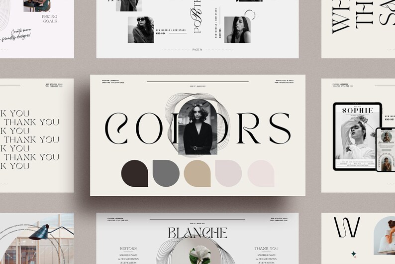 以下が含まれることがあります： 「COLORS」の文字が大きくエレガントなフォントで表示されたデザインレイアウトのコレクション。女性の写真、カラーサンプル、「SOPHIE」や「BLANCHE」などのテキストがレイアウトされています。全体的な美学はミニマリストでモダンです。