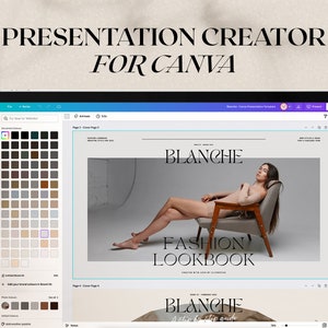 Op de afbeelding: Een digitale presentatietemplate voor Canva met een grijze achtergrond en een foto van een persoon die op een stoel zit. De tekst "Blanche Fashion Lookbook" wordt weergegeven in een zwart sans-serif lettertype.