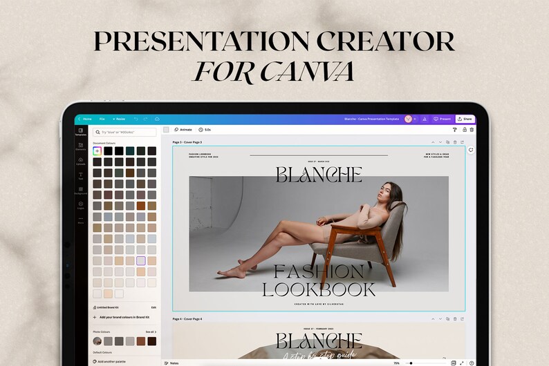Op de afbeelding: Een digitale presentatietemplate voor Canva met een grijze achtergrond en een foto van een persoon die op een stoel zit. De tekst "Blanche Fashion Lookbook" wordt weergegeven in een zwart sans-serif lettertype.