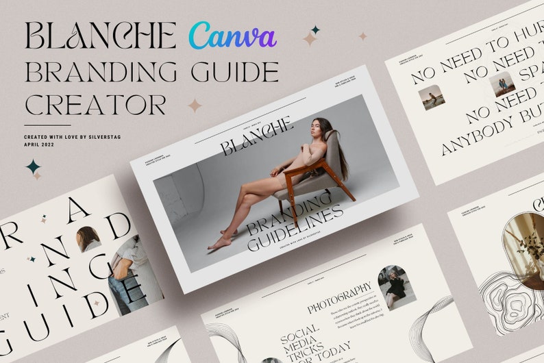 以下が含まれることがあります： 「BLANCHE Canva BRANDING GUIDE CREATOR」と題されたブランディングガイドのコレクション。ガイドには椅子に座った女性が写っており、「BRANDING GUIDELINES」や「SOCIAL MEDIA TRICKS FOR TODAY」などのテキストが含まれています。
