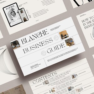 Op de afbeelding: Een zakelijke gids met de titel "Blanche Business Guide" met een witte achtergrond en zwarte tekst. De gids bevat een inhoudsopgave met onderwerpen zoals "Huishoudelijke verzorging & decoratie-idee&euml;n", "Fotografie & marketing" en "Plan uw volgende bedrijf".