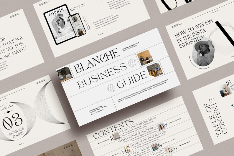 Op de afbeelding: Een zakelijke gids met de titel "Blanche Business Guide" met een witte achtergrond en zwarte tekst. De gids bevat een inhoudsopgave met onderwerpen zoals "Huishoudelijke verzorging & decoratie-idee&euml;n", "Fotografie & marketing" en "Plan uw volgende bedrijf".