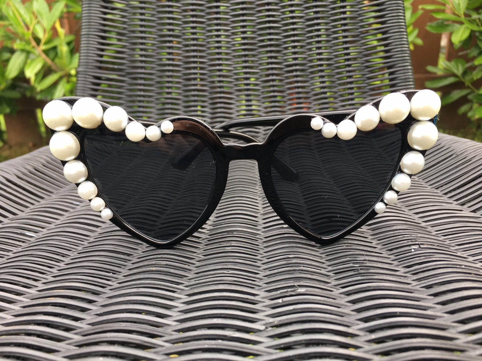 Black Cat Eye Heart Sunglasses With Pearls Etsy