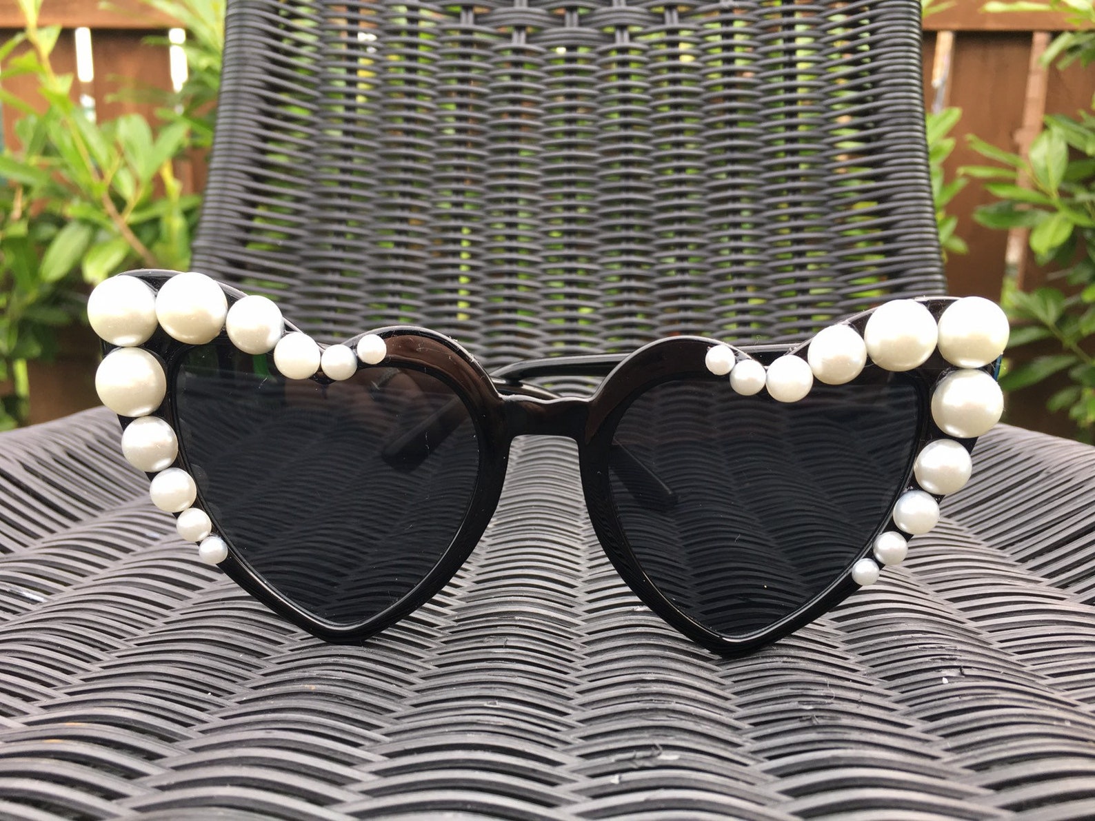 Black Cat Eye Heart Sunglasses With Pearls Etsy