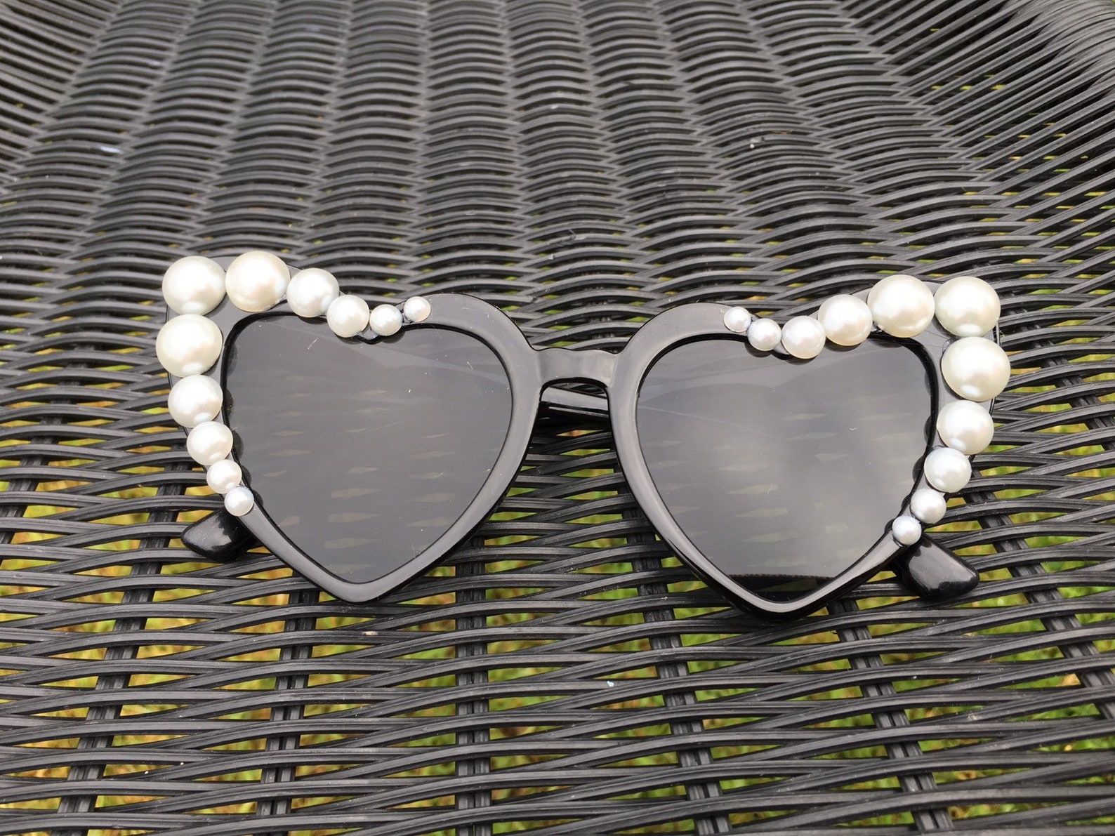 Black Cat Eye Heart Sunglasses With Pearls Etsy