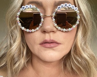 Mrs married name round mirrored bride to be glasses