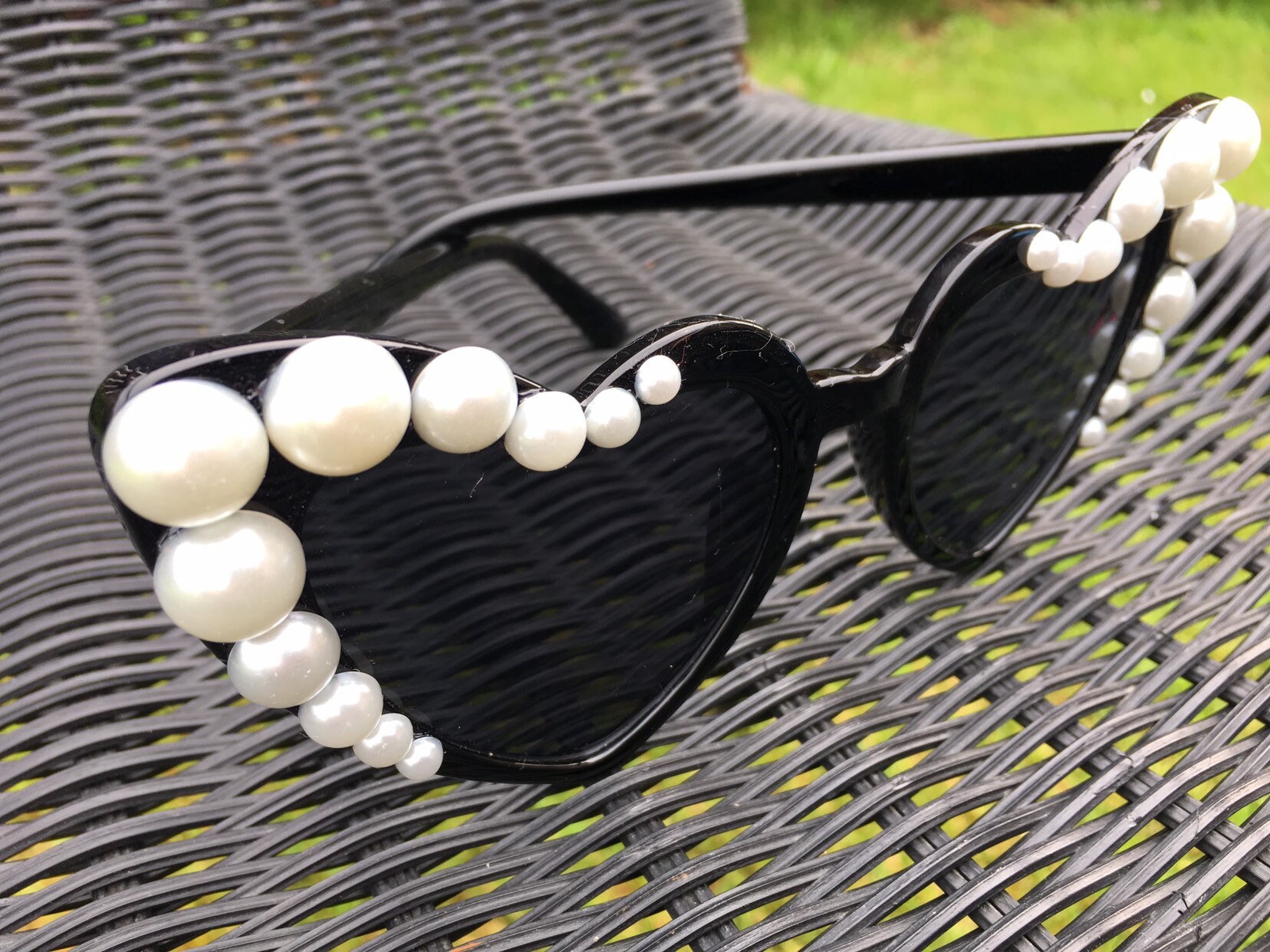 Black Cat Eye Heart Sunglasses With Pearls Etsy