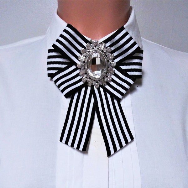 Bow Brooch 022 - Female  Bow Tie -White Black Striped Ribbon Silver Rhinestone Brooch - Mothers Day Birthday Bridesmaid gifts for Her