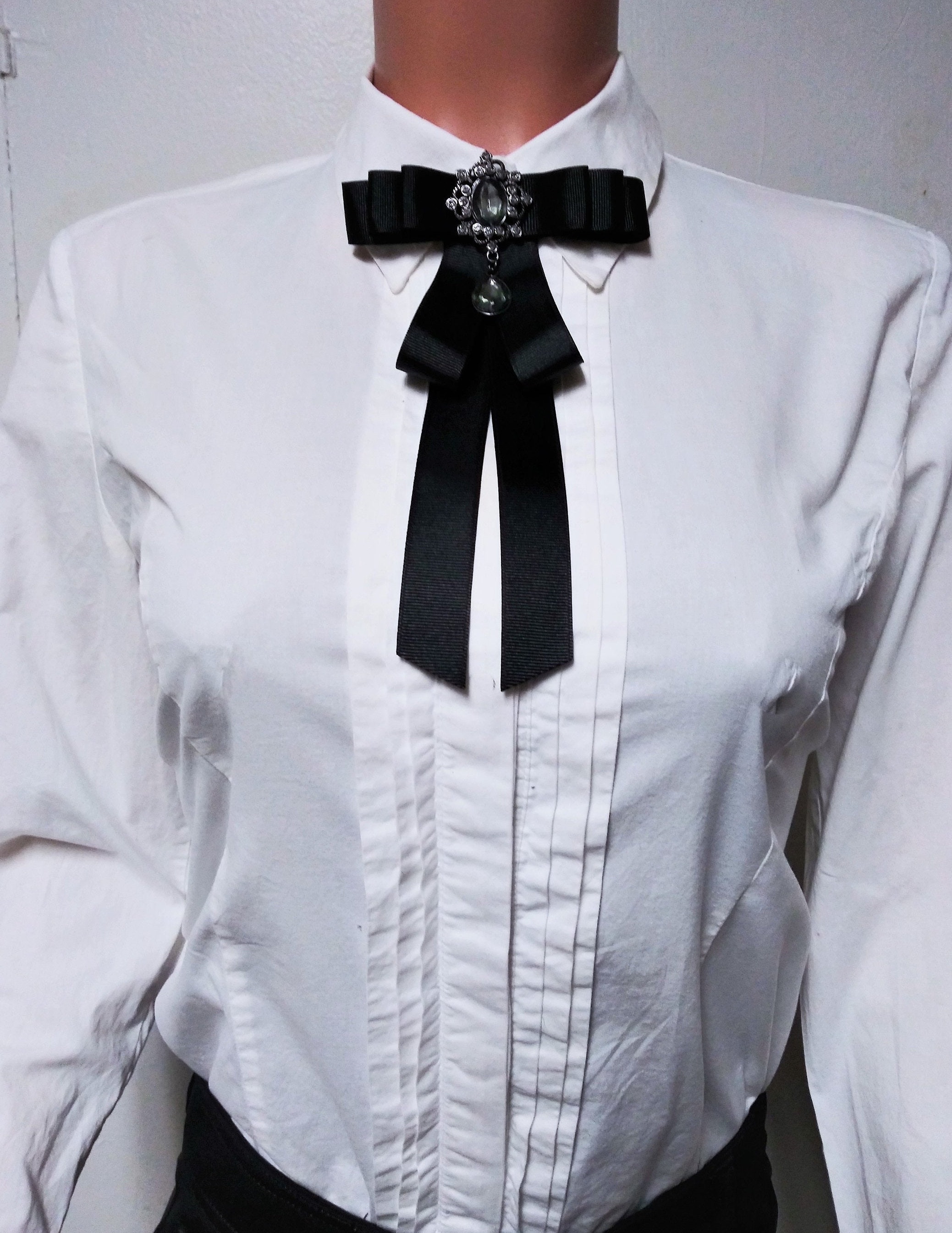 Bow Brooch 001 Female Bow Tie Black Ribbon Silver Teardrop - Etsy