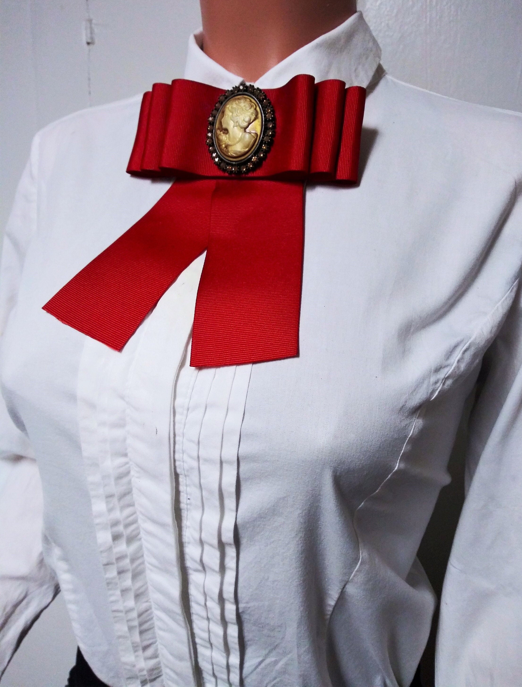 Neck bow for women Red white collar bow brooch Red bow tie p