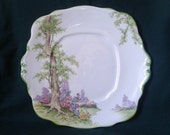 Royal Albert Crown China Greenwood Tree Cake Plate 1927 Art Deco Platter Vintage Bone China Transfer Ware Serving Plate with Embossed Rim