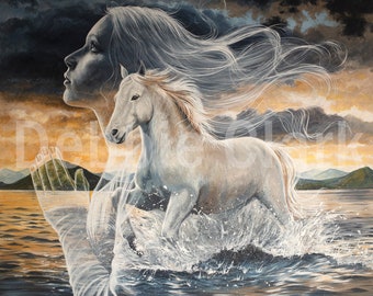 May include: A painting of a woman with long flowing white hair and a white horse running through the water. The woman is translucent and appears to be praying with her hands clasped together. The background is a stormy sky with a golden sunset.