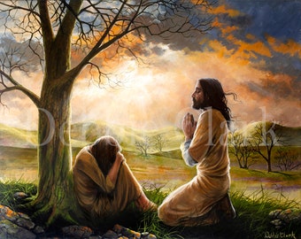 May include: An oil painting depicting a figure kneeling in prayer beside a person sitting under a bare tree. The scene features rolling hills, green grass, and a dramatic sunset sky with orange and dark clouds. The artist name Debbie Clark is visible.