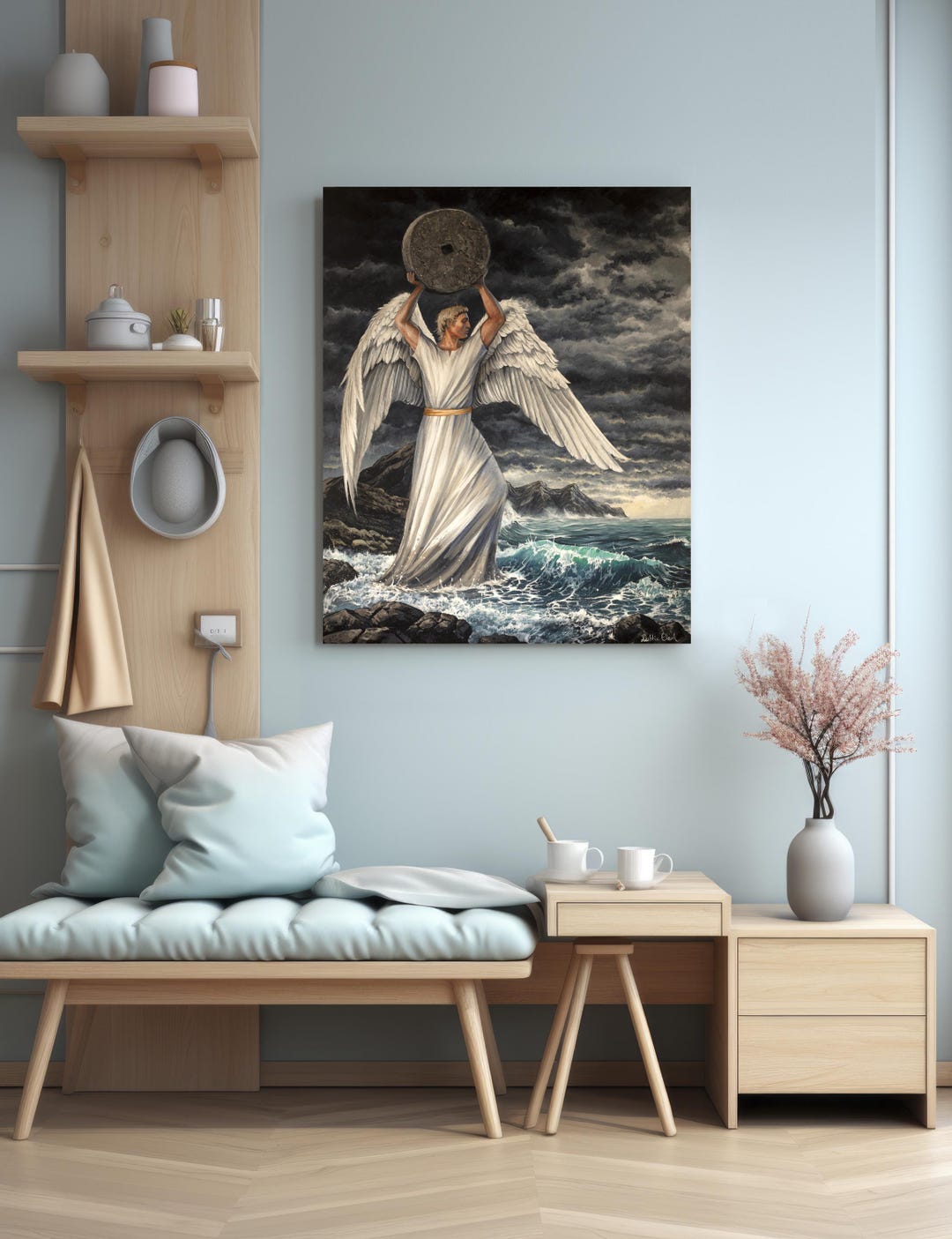 Angel With Millstone Acrylic Painting – Biblical Art on Canvas