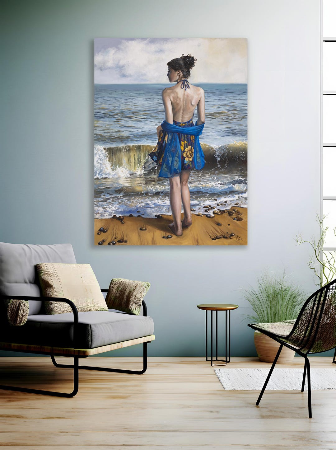 オリジナル油絵 - 浜辺の女性、打ち寄せる波（3 cm x 122 cm x 91 cm