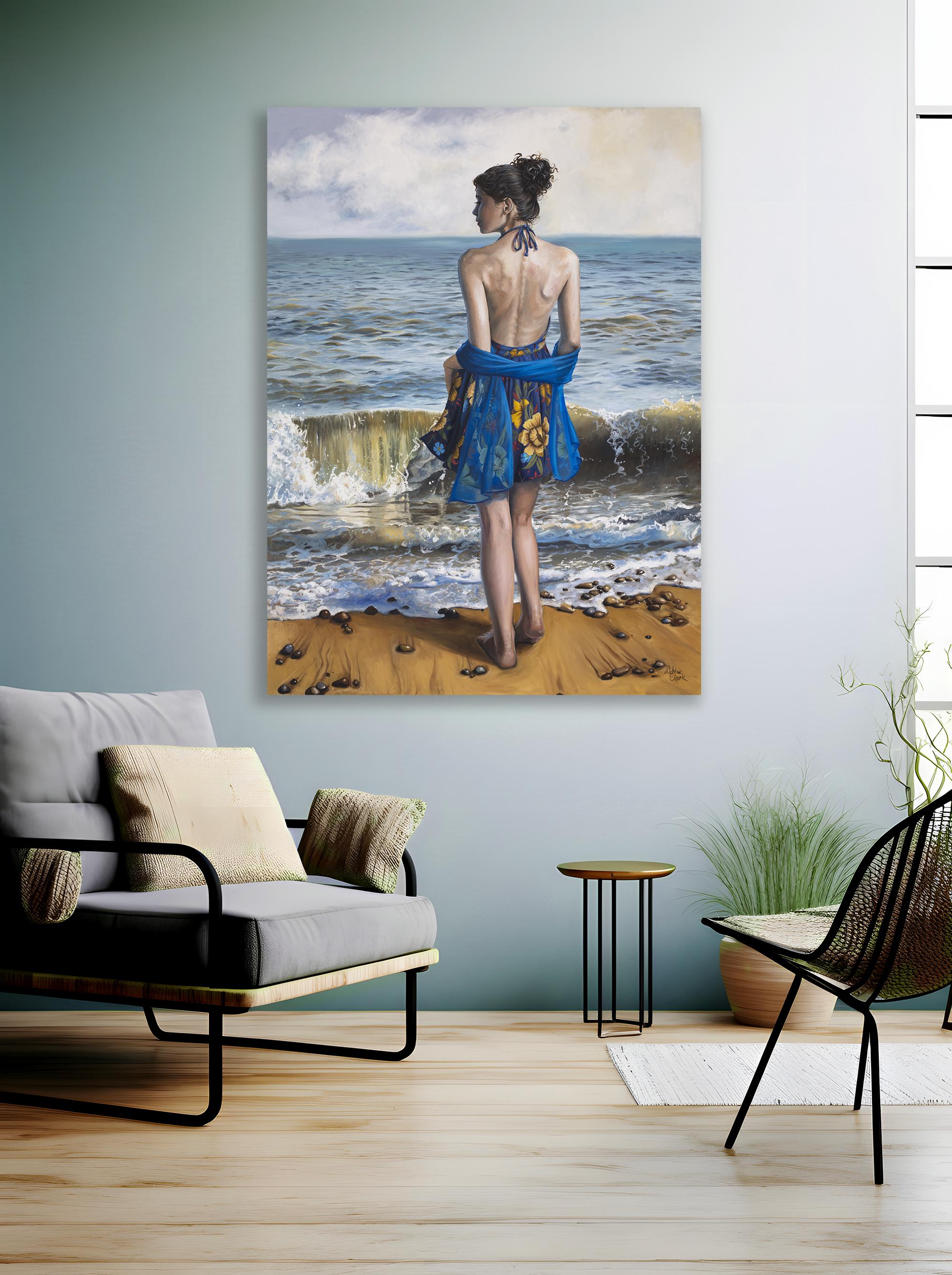 オリジナル油絵 - 浜辺の女性、打ち寄せる波（3 cm x 122 cm x 91 cm