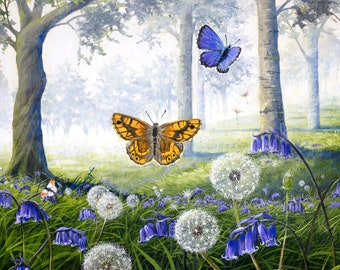 Butterflies and Bluebells Art Print on A2 - Signed Limited Edition - Bluebell Meadow - Acrylic Painting Wildlife Art