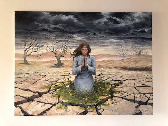 Healing the Land Acrylic Painting – Woman Praying, Apocalyptic Art