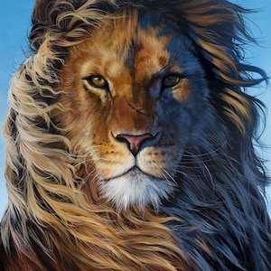 May include: A painting of a lion with a mane that is half brown and half blue. The lion is looking directly at the viewer with a serious expression. The background is a light blue sky.