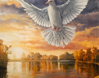Handgeschilderde originele kunst - duif over water - vredig schilderij