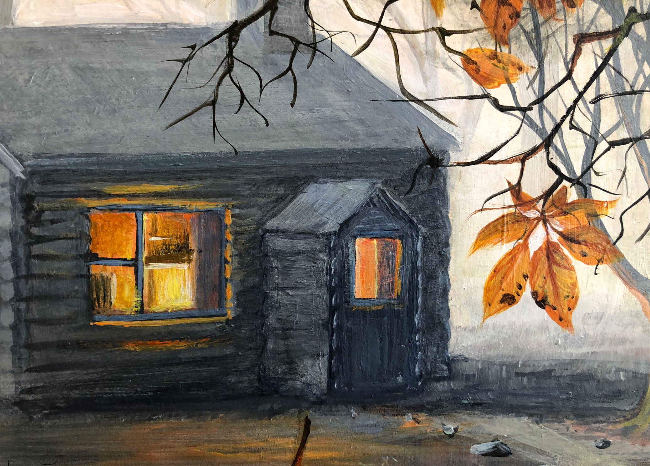 Original Art - Title: Cosy Cabin in the Woods - Autumn Season