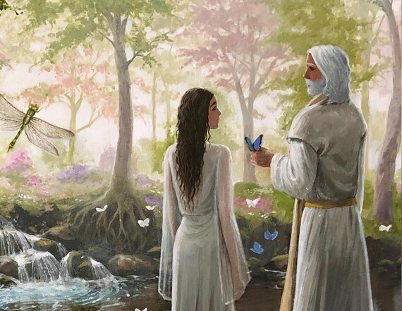 Walking in Eden Giclee Print: Woman and Jesus, Colorful Garden