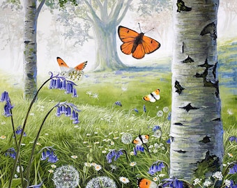 Silver Birch and Bluebells Art Print on A2 - Signed Limited Edition - Acrylic Painting Wildlife Art