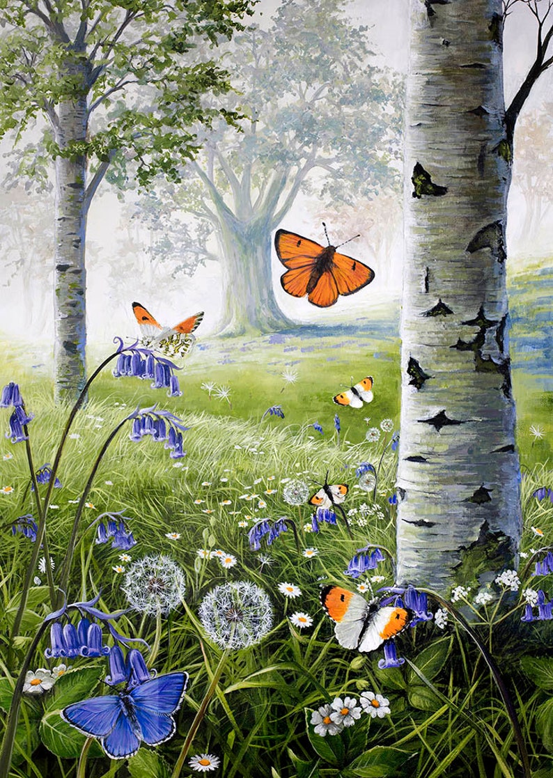 Silver Birch and Bluebells Art Print on A2 Signed Limited Edition Acrylic Painting Wildlife Art image 1