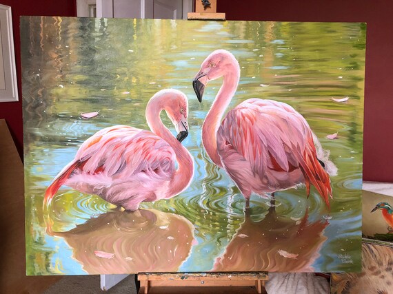 油彩画　フラミンゴ オリジナルアート - 恋するフラミンゴ - 油絵 - - Etsy 日本