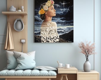 Handmålad originalkonst - Den förvandlade bruden - Surrealistiskt kvinnaporträtt