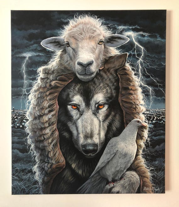 Hand Painted Original Art - Wolf in Sheep's Clothing - Surreal