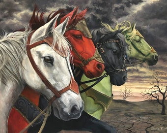Giclee Wall Art Print A3 - Titre: La Prophétie - Peinture de quatre chevaux - Impression de haute qualité