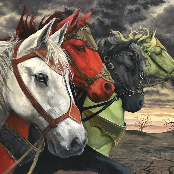 Giclee Wall Art Print A3 - Title: The Prophesy - Painting of Four Horses - High Quality Print