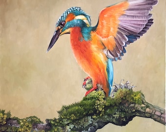 Kingfisher Original Art - Vibrant Kingfisher Oil Painting - Wildlife Painting, Beautiful Birds