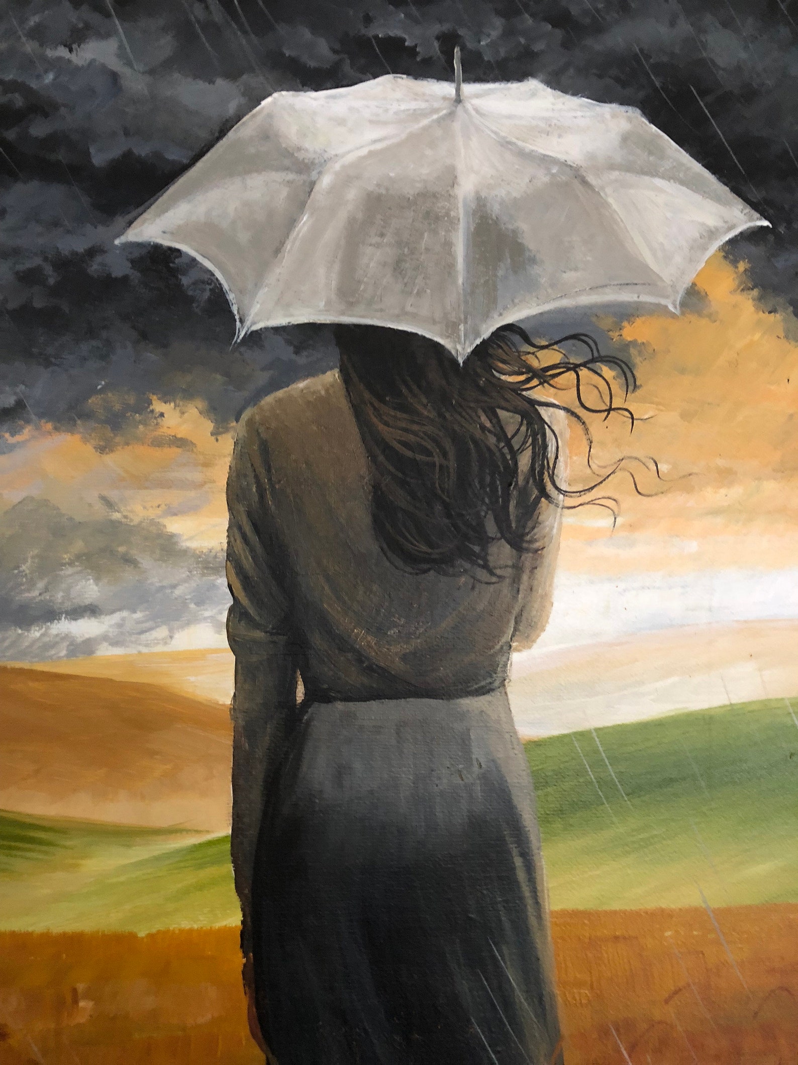 Lady Holding an Umbrella Art Print Stormy Sky Painting Etsy