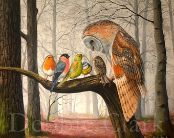 Impresión artística Giclée en tamaño A3, Lechuza común y pajaritos