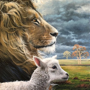 May include: A painting of a lion and a lamb standing side by side, looking to the right. The lion has a long, flowing mane and the lamb is white. The background is a cloudy sky with trees in the distance.