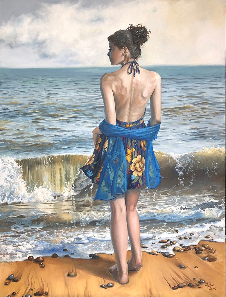 オリジナル油絵 - 浜辺の女性、打ち寄せる波（3 cm x 122 cm x 91 cm