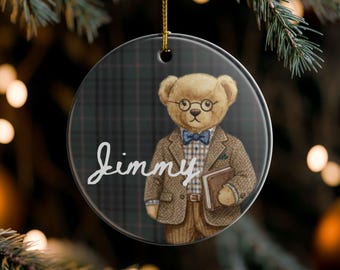 Osito de peluche personalizado inspirado en el profesor: Adornos de cerámica de dos caras, recuerdo familiar personalizado.